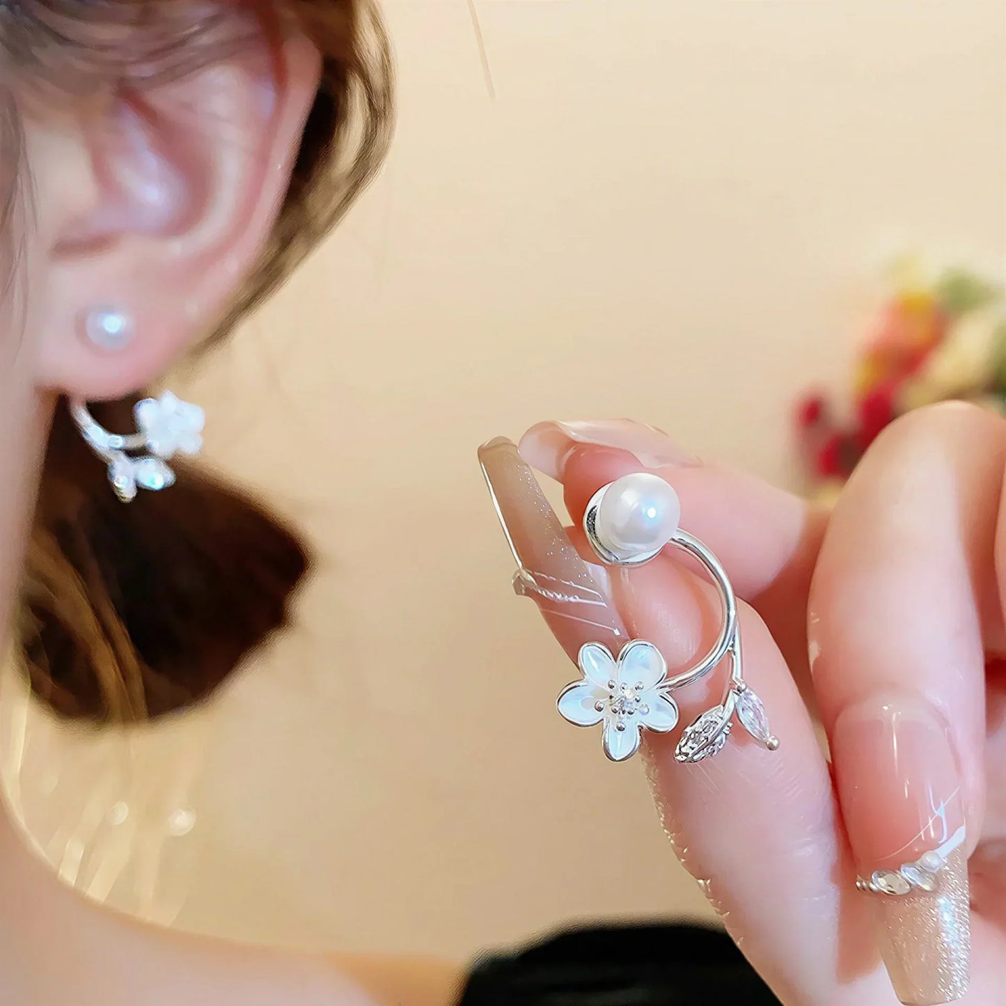 🎀Ethereal Blossom Earrings: Sterling silver earrings with flowers and pearls for women