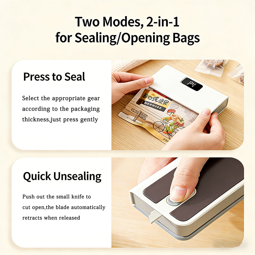 🔧Portable USB sealing machine with two functions – sealing and opening, LED display with 6 settings