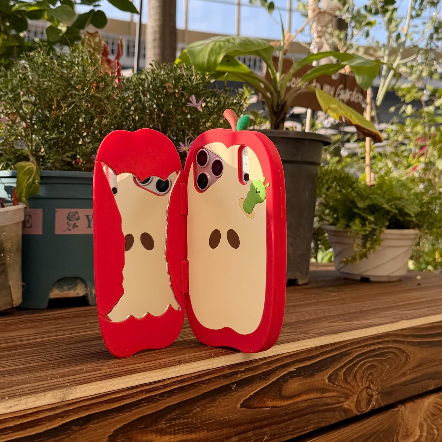 🍎Red Apple Flip Mirror Silicone Case- 3D Worm Design, Soft Silicone