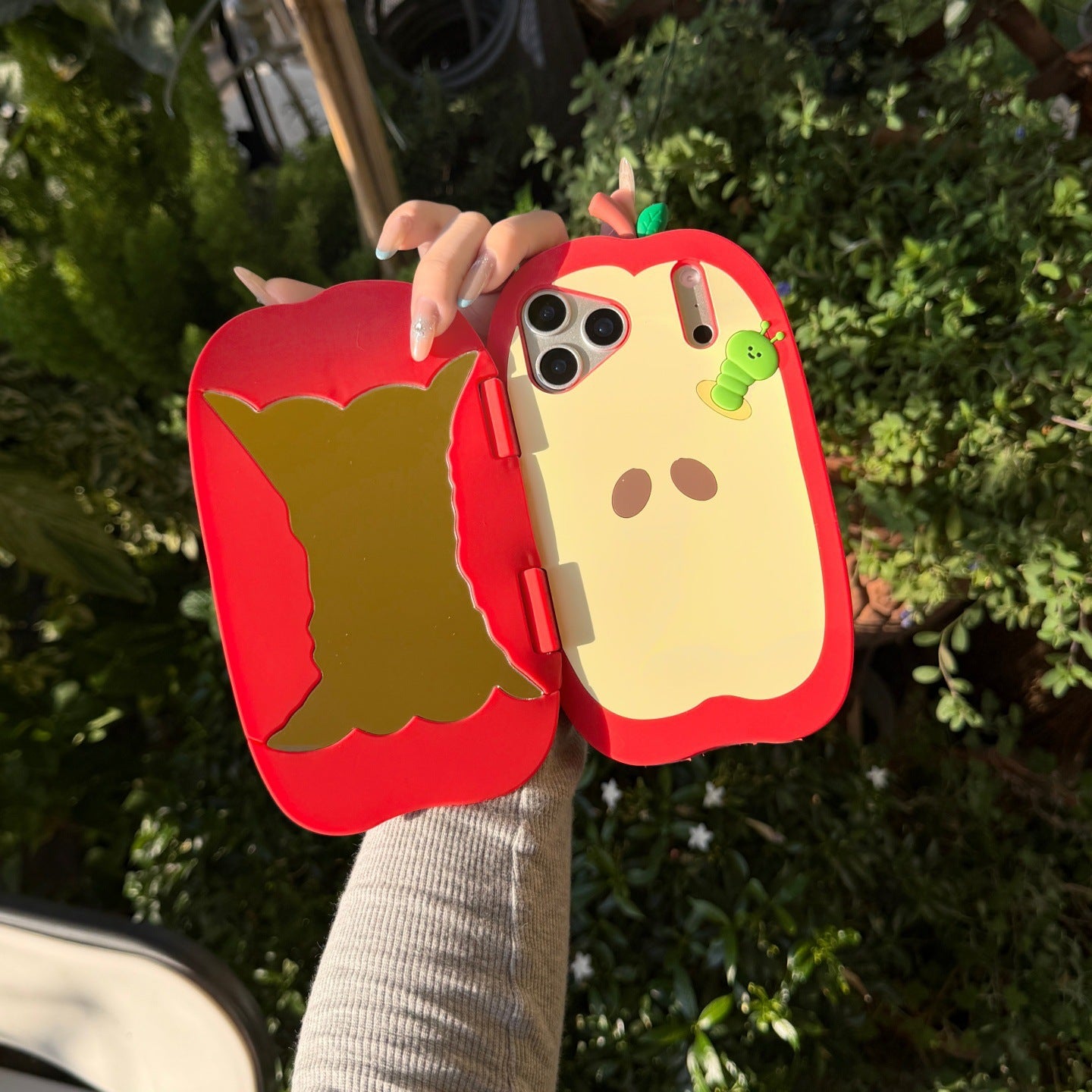 🍎Red Apple Flip Mirror Silicone Case- 3D Worm Design, Soft Silicone