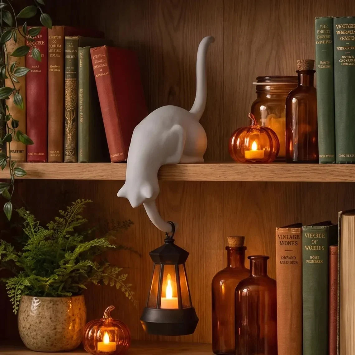 🐈‍Cute cat figurine for the bookshelf with LED light - Cute decoration for the bookshelf and practical key hook