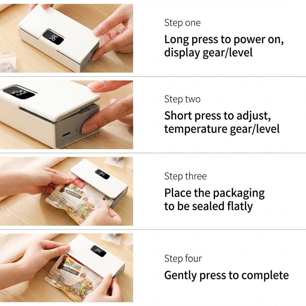 🔧Portable USB sealing machine with two functions – sealing and opening, LED display with 6 settings