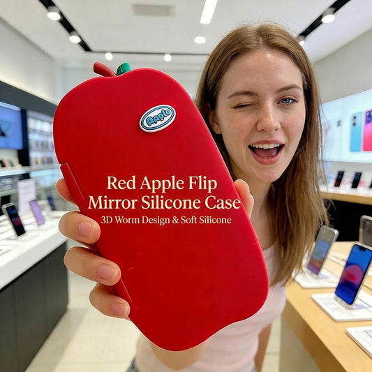 🍎Red Apple Flip Mirror Silicone Case- 3D Worm Design, Soft Silicone