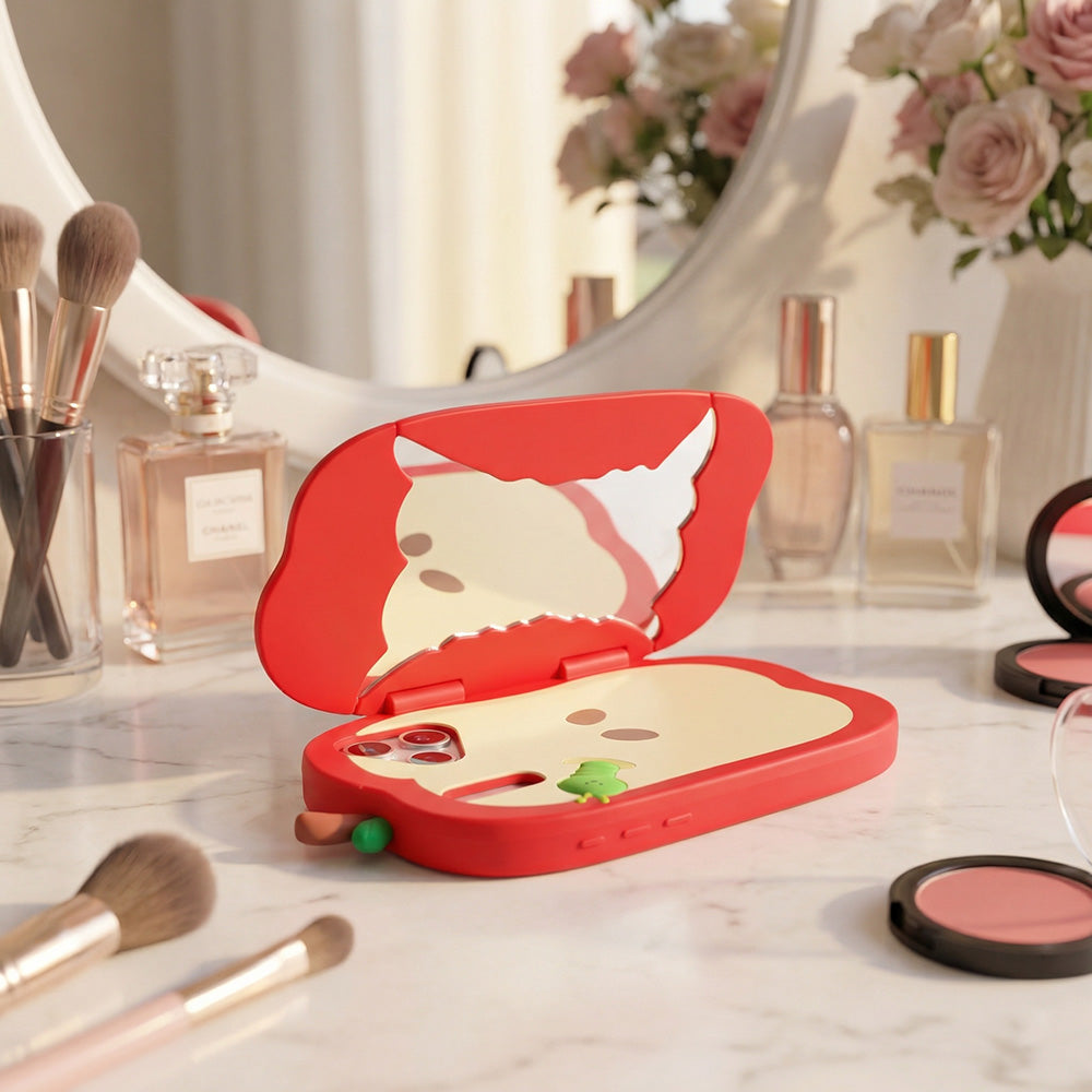 🍎Red Apple Flip Mirror Silicone Case- 3D Worm Design, Soft Silicone
