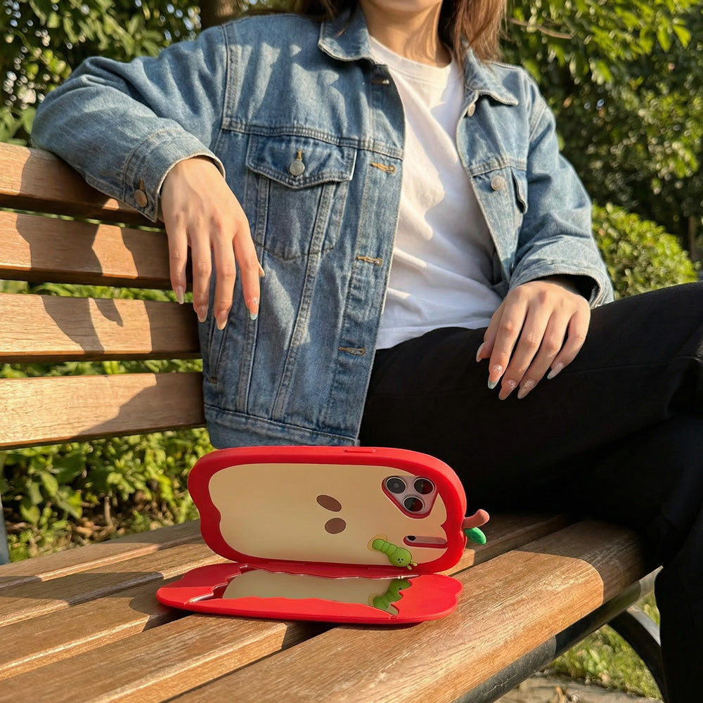🍎Red Apple Flip Mirror Silicone Case- 3D Worm Design, Soft Silicone