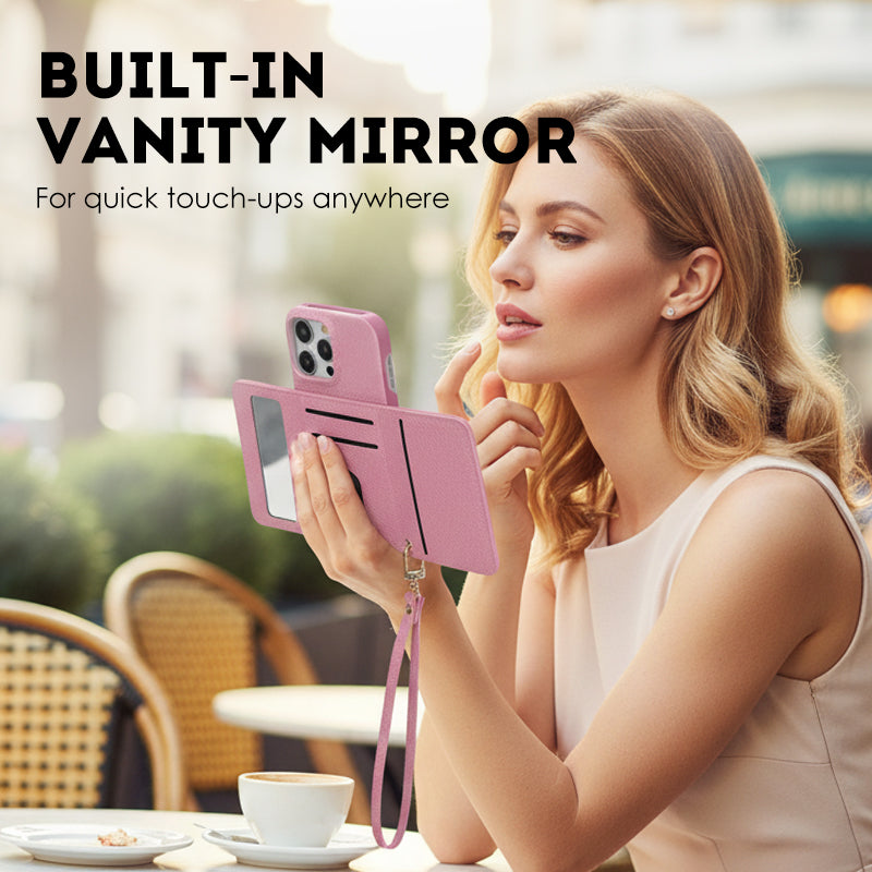 🔥Protective pink cell phone case with mirror and wrist strap