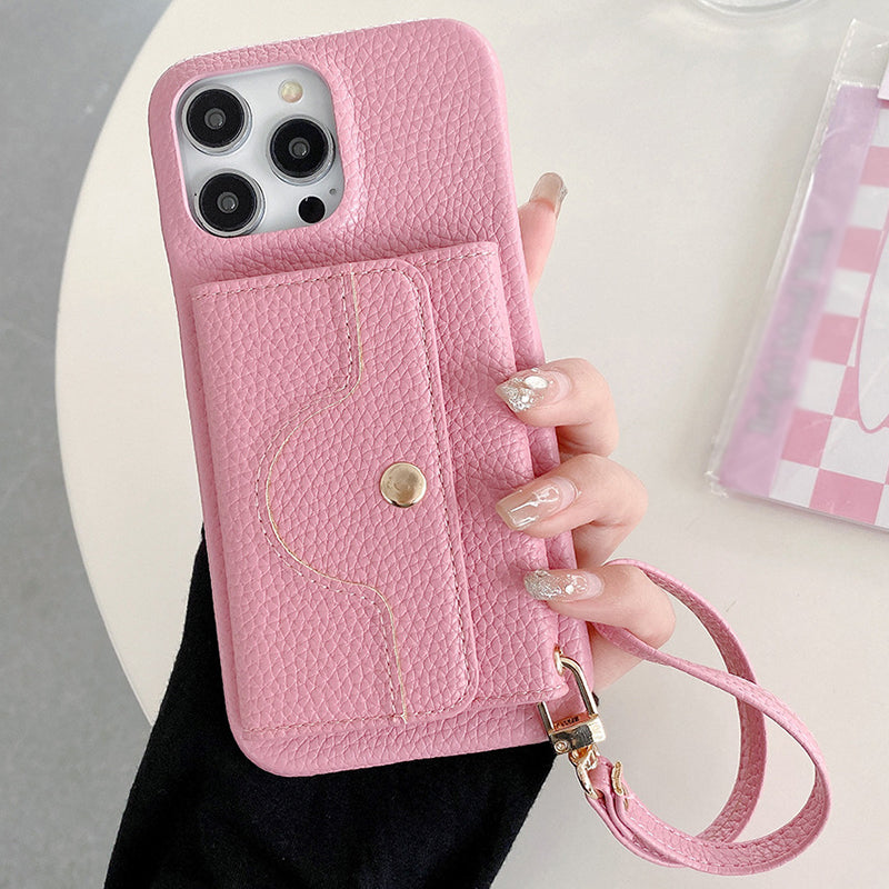 🔥Protective pink cell phone case with mirror and wrist strap